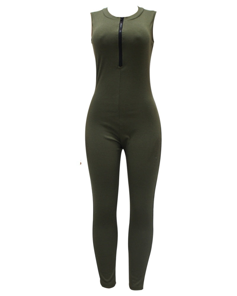 Ribbed Sleeveless High Stretch Bodycon One Piece Zipper Front Workout Jumpsuit