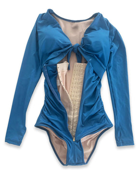 Blue Long Sleeve Built In Shapewear Tummy Cotrol Girdle Swimsuit