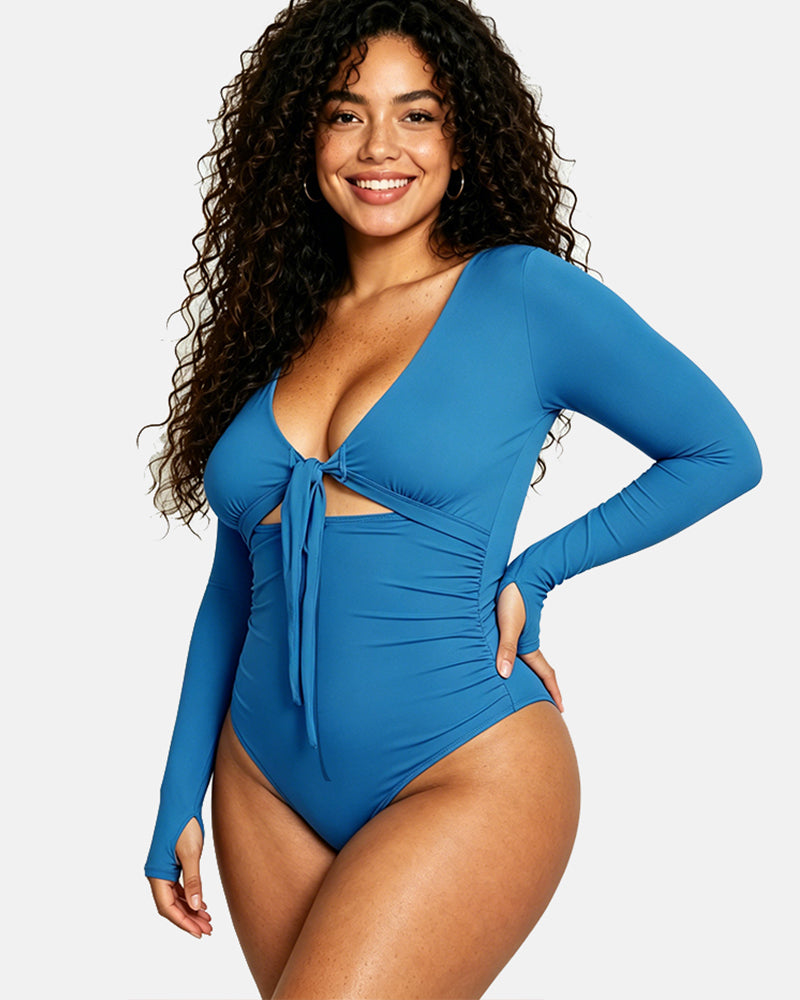 Shapshe® Blue Long Sleeve Built In Shapewear Tummy Cotrol Girdle Swimsuit