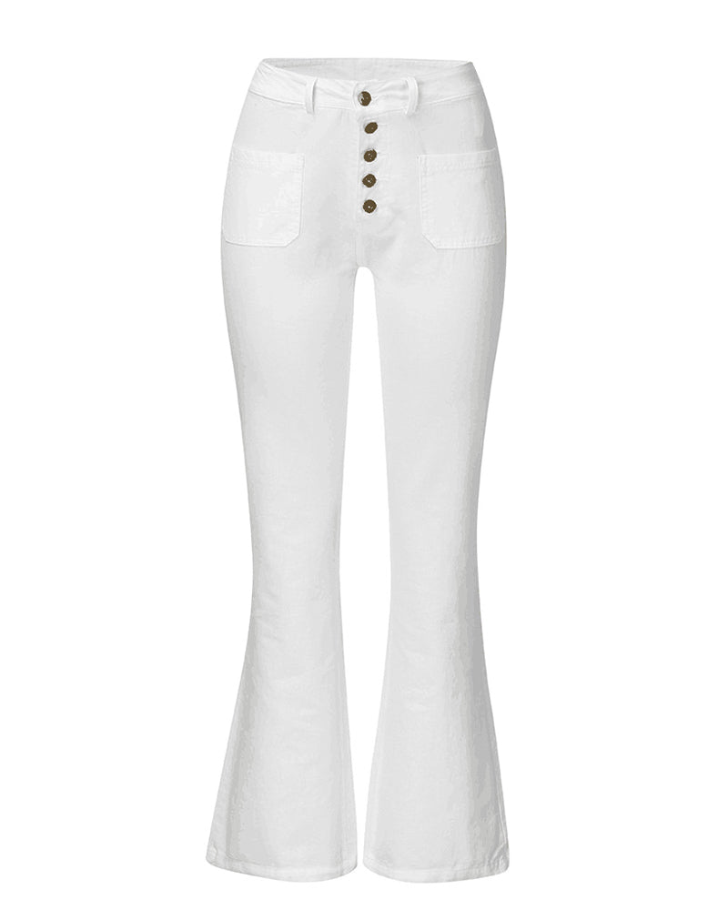 High Waist Washed Stretch Single Breasted Multi Button Straight Leg Jeans