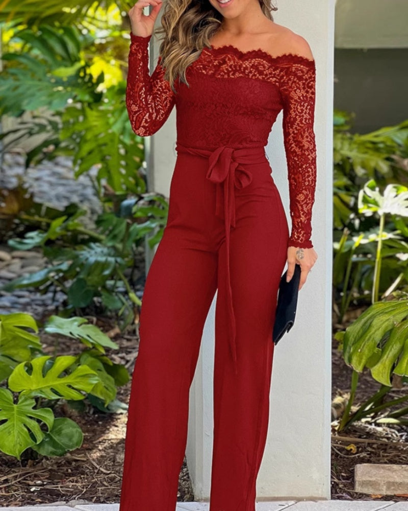 Sexy Lace Panel Off Shoulder Straight Leg Jumpsuit With Waistband