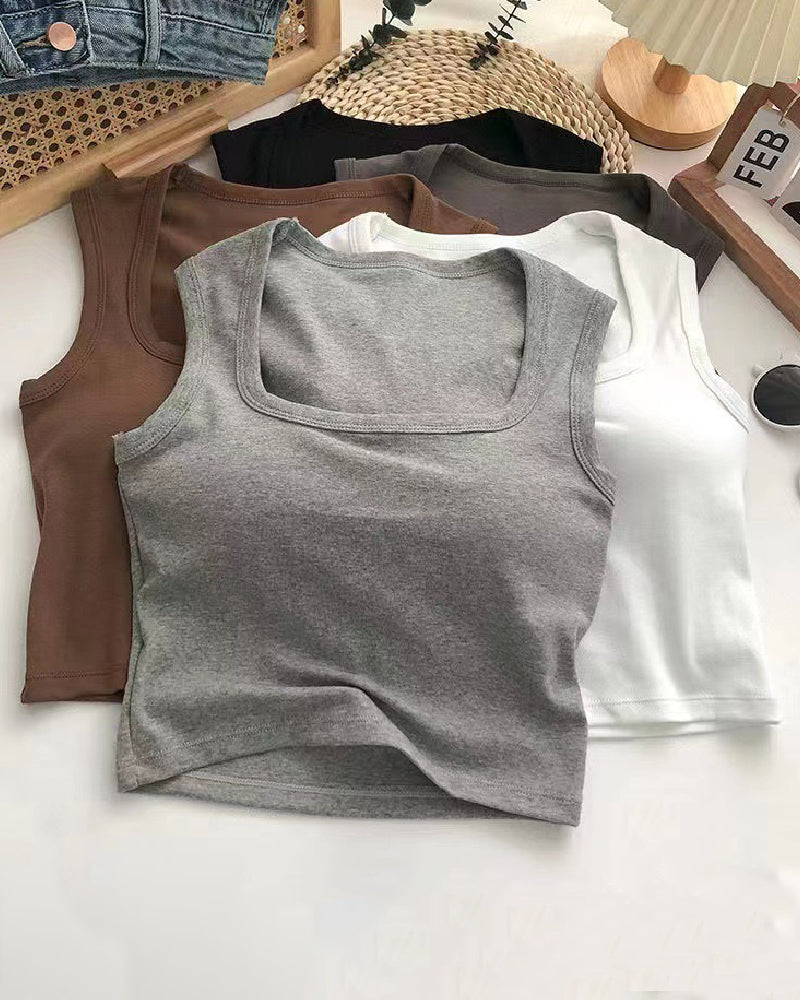 Women's Square Neck Casual Solid Basics Built-in Bra Padded Tank Tops