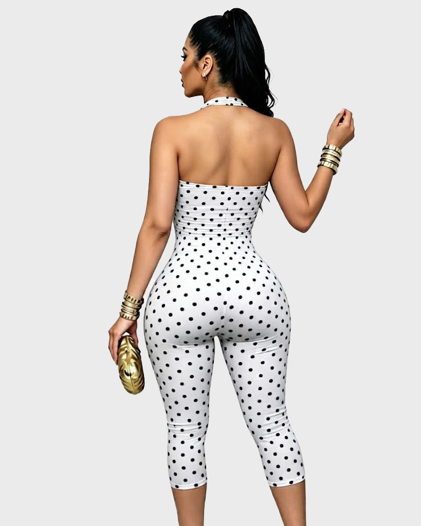 Polka Dot Halter Neck Open Back Skinny Capri Jumpsuit