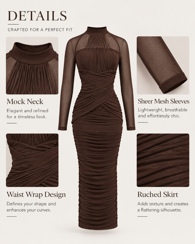 Mesh Long Sleeve Ruched Cross Waist Bodycon Midi Dress