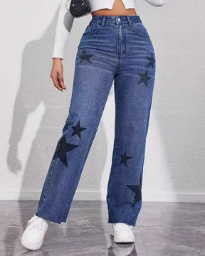 Star Print High Wasit Straight Leg Casual Comfort Jeans