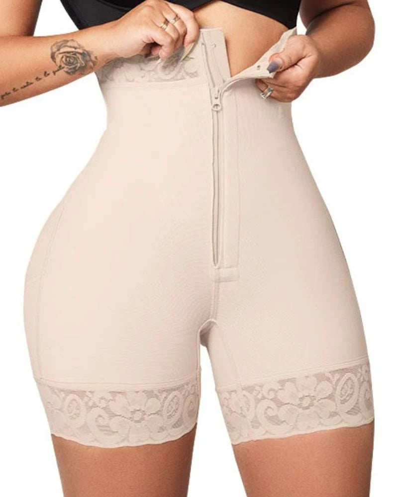 High Waist Butt Lift Shaper Zipper Short With Lace Trim