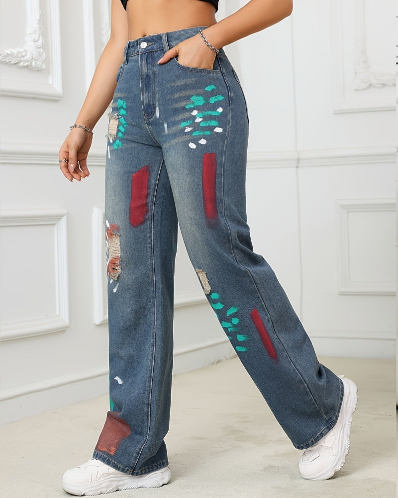 Hip Hop Painted Graffiti Ripped High Waist Straight Simple Versatile Jeans