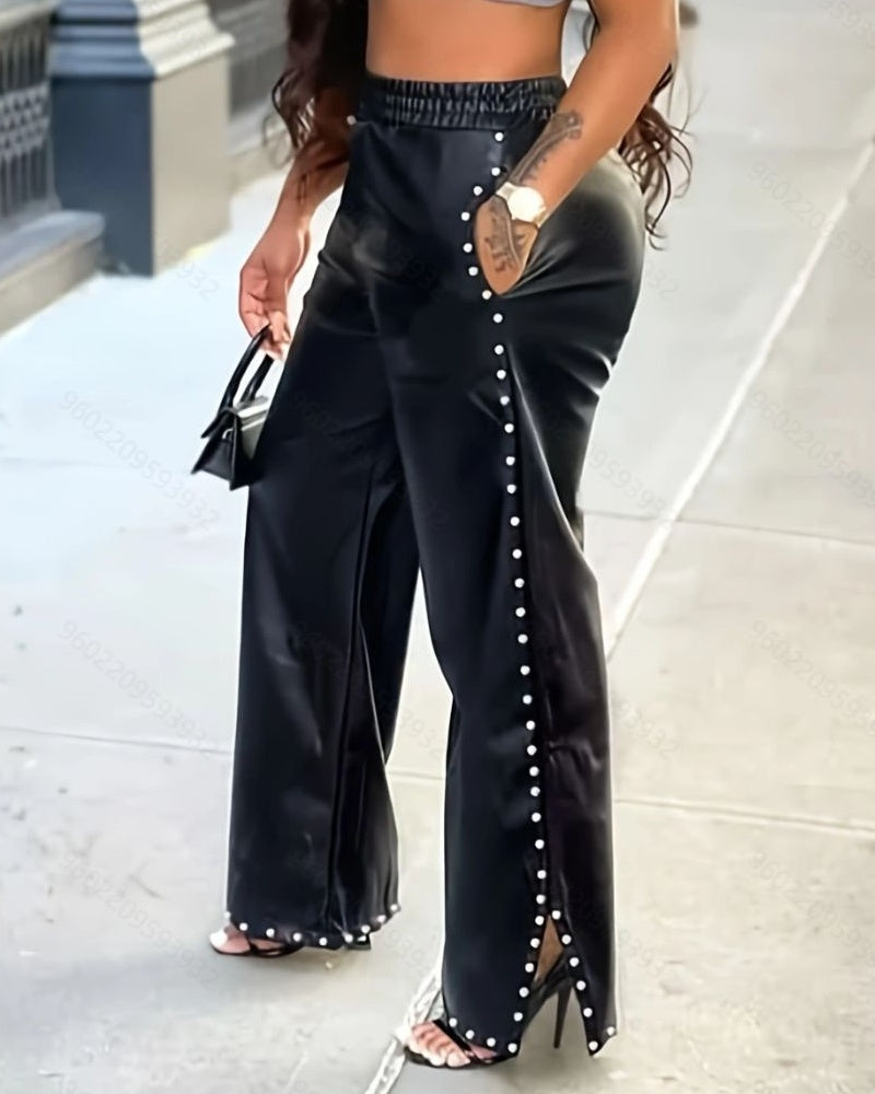 Beaded Loose Wide-leg Leather Pants