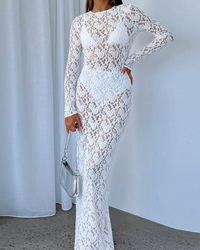 Sexy Lace See-through Long Sleeve Mid-length Dress for Women