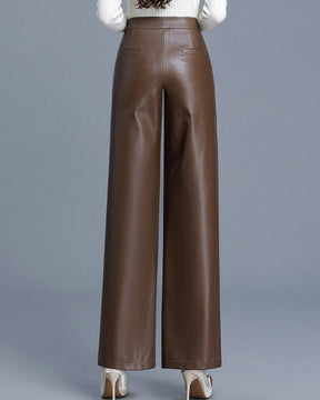 Versatile PU Leather Wide-leg Leather Pants for Women High Waist Slim Straight Pants