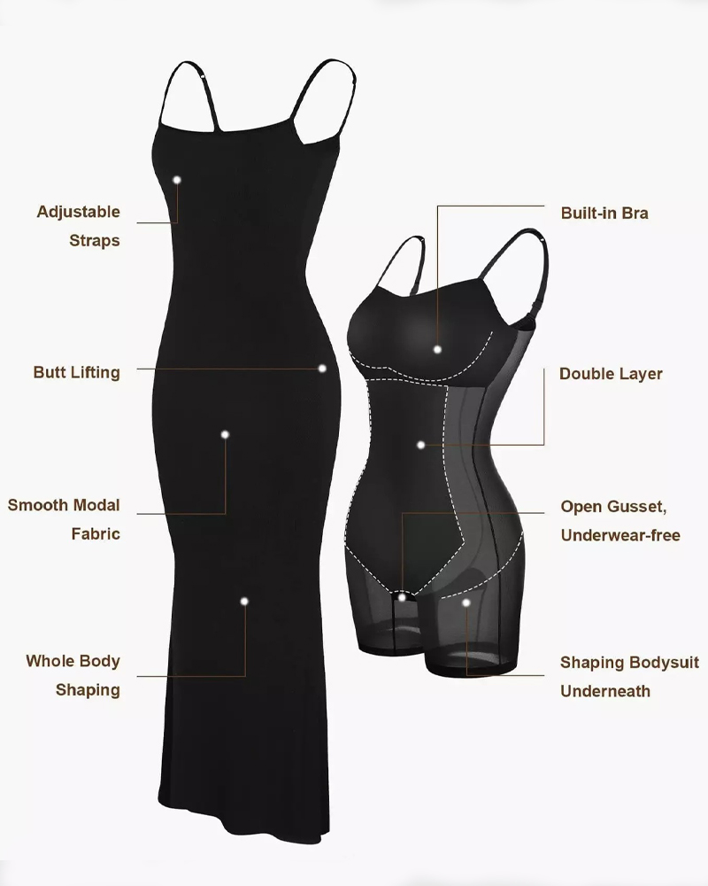 Women's 2 In 1 Spaghetti Slip Long Shapewear Dress Tummy Control Sleeveless Bodycon Dresses