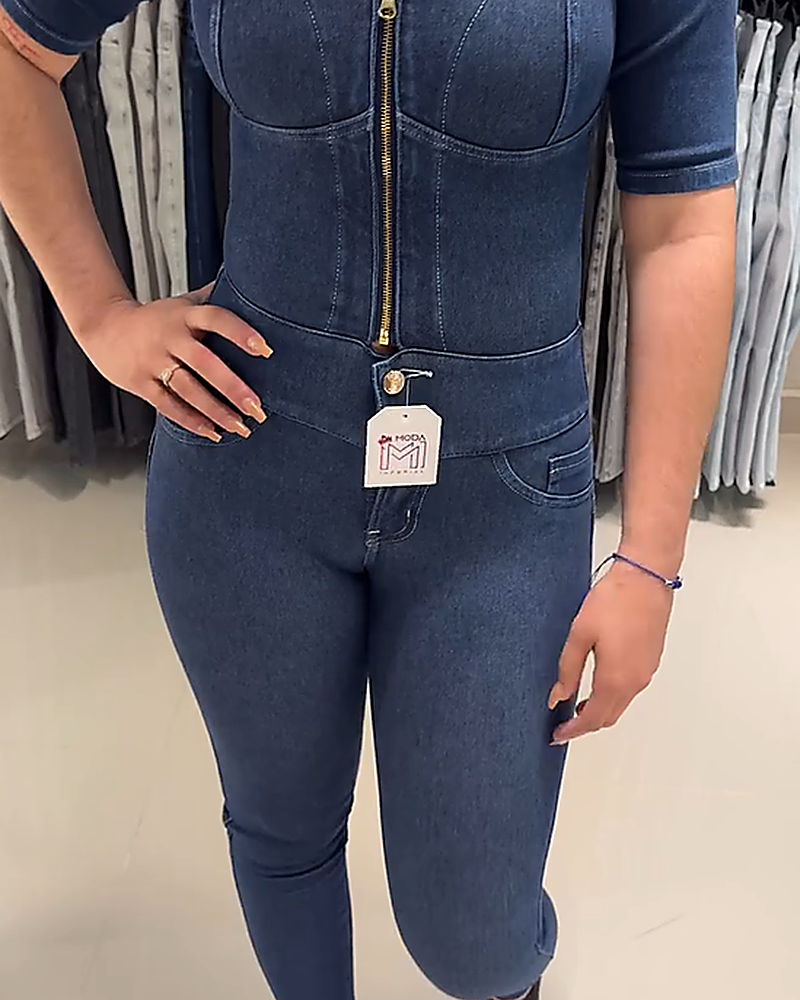 Denim Jumpsuit for Women Long Sleeve Button Down Stretch Slim Skinny Jeans (Pre-Sale)