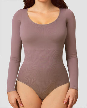 Seamless Long Sleeve Bodysuit For Women Crew Neck Tummy Control Shapewear