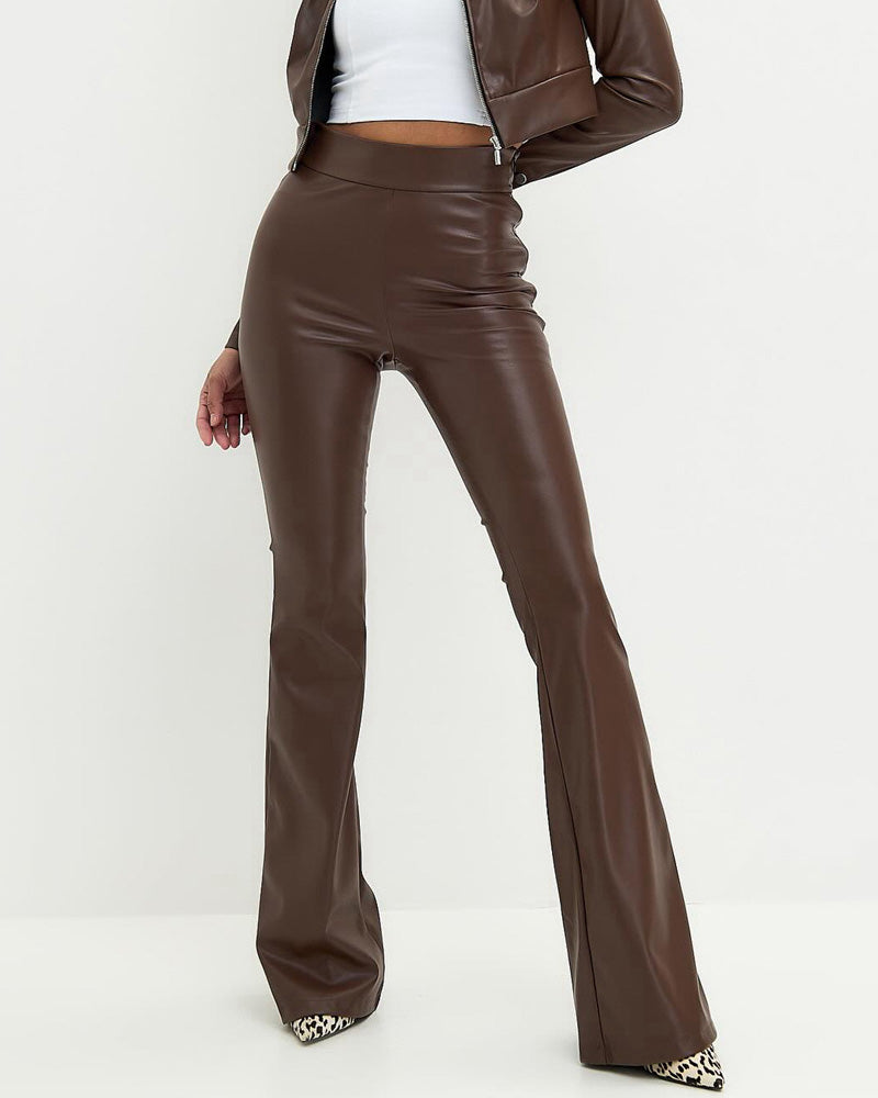 High Waist Shiny Flared Leather Pants for Curvy Women