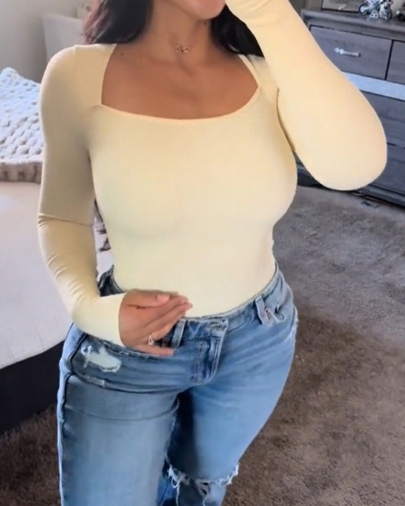 Square Neck Ribbed Long Sleeve Bodysuit（Pre-Sale）