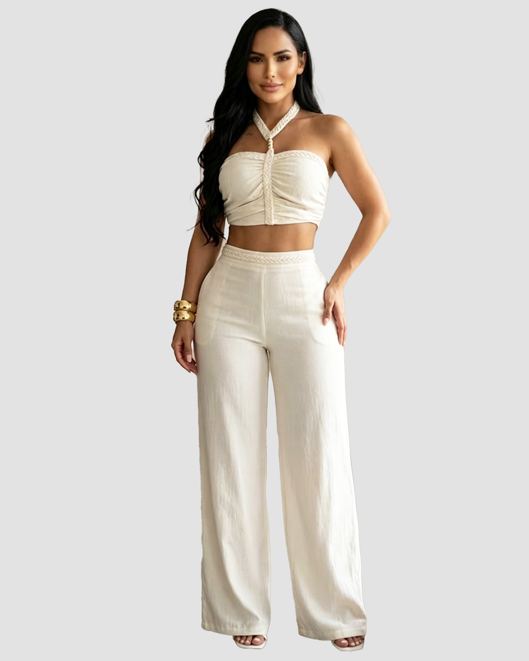 2 Piece Braided Trim Two Piece Outfit with Flared Trousers