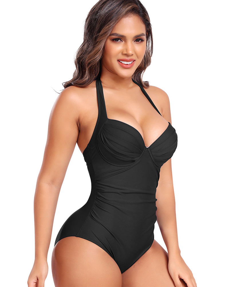 Halter Neck Push-up One-piece Swimsuit Shapewear Beachwear