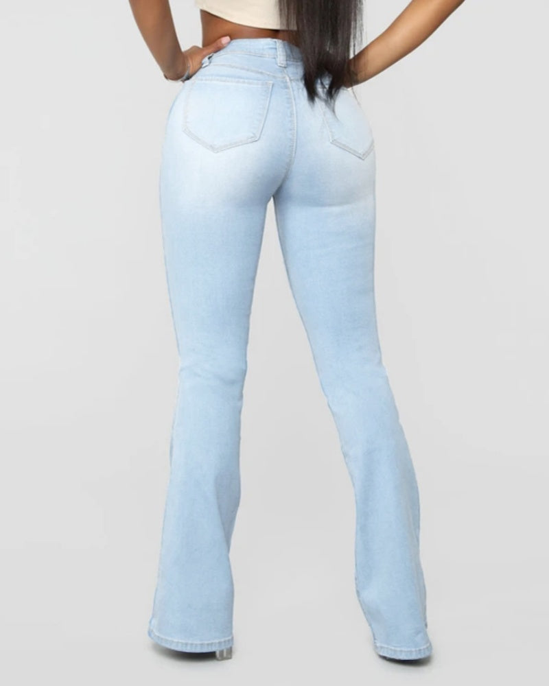 Fashion High Waist Hip Lift Slim Washed Flared Jeans