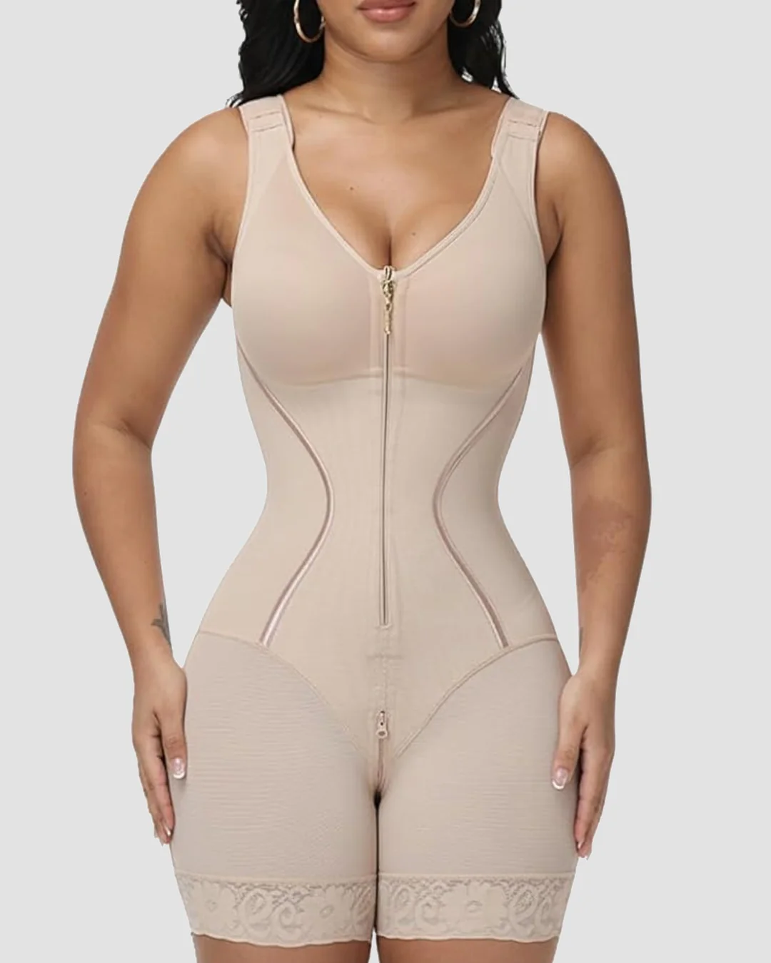 Shaping Bodysuit with Wide Straps Bra and Front Zipper