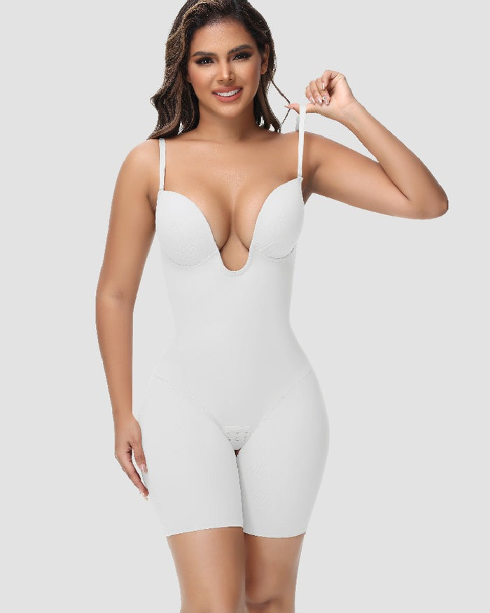 Women's U Plunge Strapless Tummy Control Bodysuit Low Back Built In Bra Shapewear