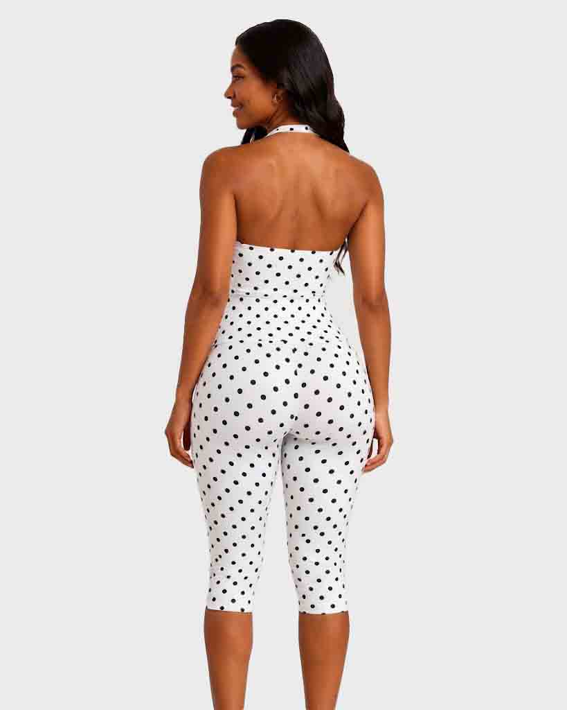 Polka Dot Halter Twist Top Capri Pants Two Piece Outfit Set
