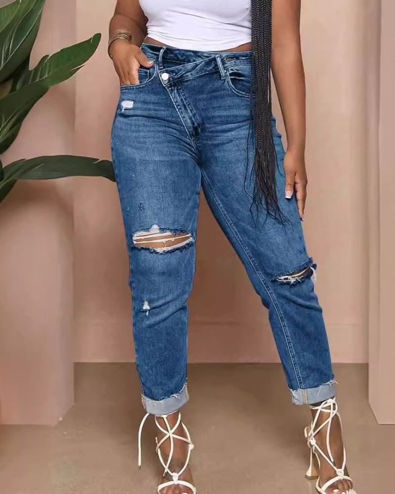 Fashionable Oblique Button Ripped High Waist Slim Fit Skinny Jeans