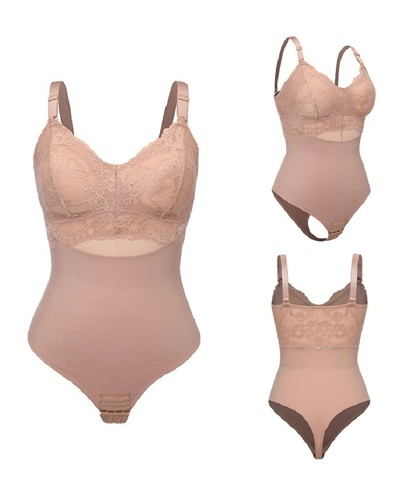 Body de cintura adelgazante de encaje sin costuras, tanga con control de barriga, fajas con sujetador