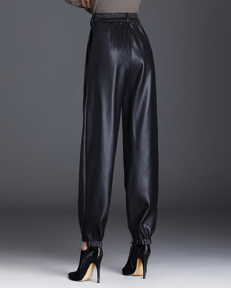 Elastic Waist New Casual Pants Thin Velvet High Waist Slim Carrot Leather Pants