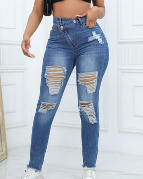 Women's High Waist Skinny Jeans with Design Oblique Buckle