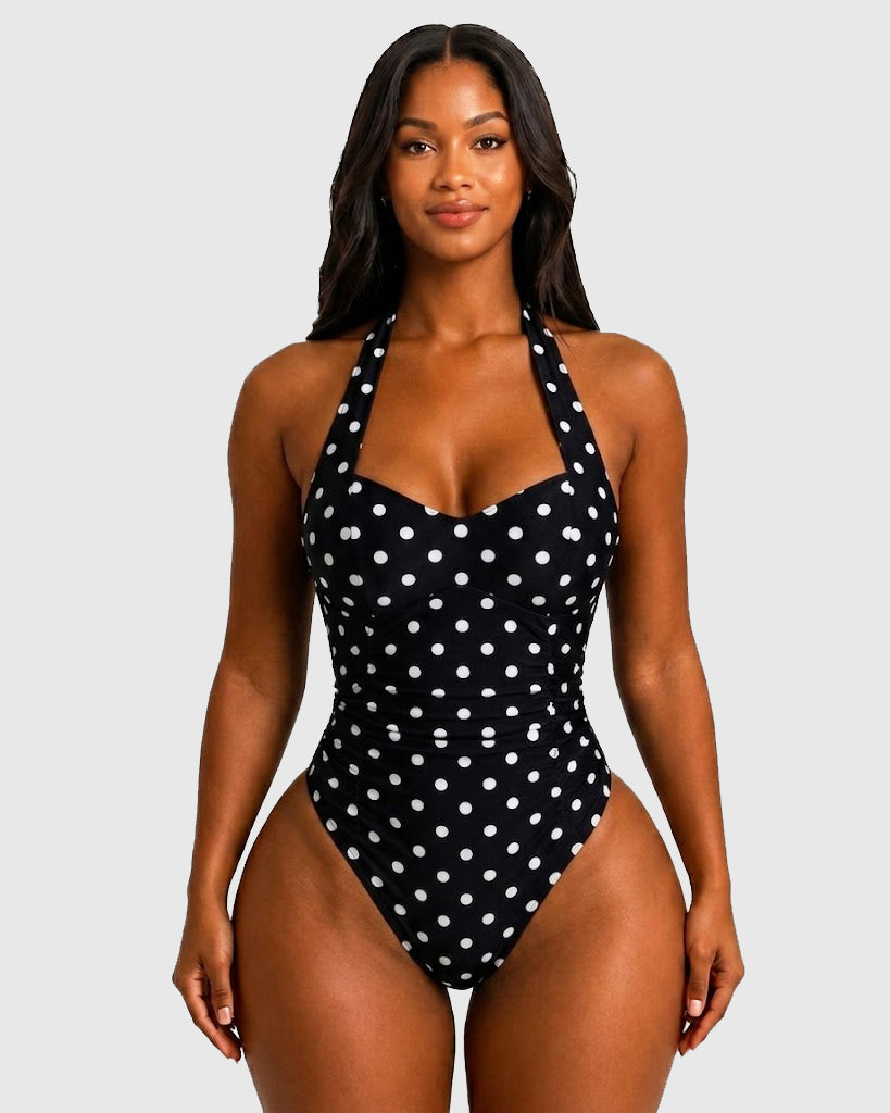 Polka Dot Halter Sweetheart Neck Ruched Back Bow Tie High Leg One-piece Swimsuit
