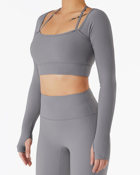 Ribbed Skinny Halter Neck Long-sleeved Yoga Set with Chest Pad