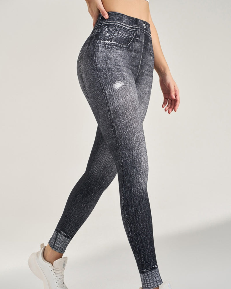 Peach Hip Denim Print Seamless Leggings for Women