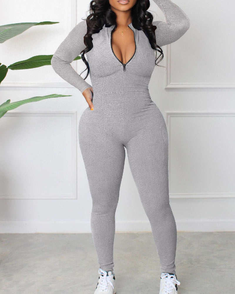 Women's Sexy Ribbed Long Sleeve Zipper Jumpsuits Casual Solid Bodycon Rompers