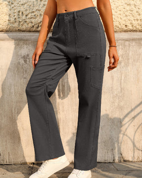 Women's Mid-Rise Solid Straight Leg Cargo Pants With 6 Pockets