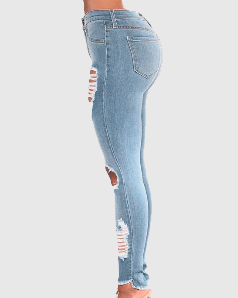 High-waisted Hip-lifting Stretch-leg Ripped Jeans