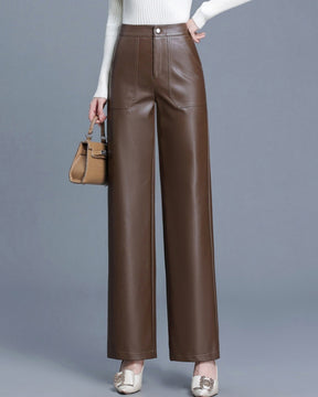 Versatile PU Leather Wide-leg Leather Pants for Women High Waist Slim Straight Pants