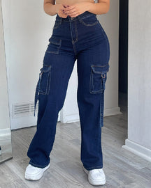 Women’s Cargo Jeans High Waisted Wide Leg Casual Flap Pockets Pants