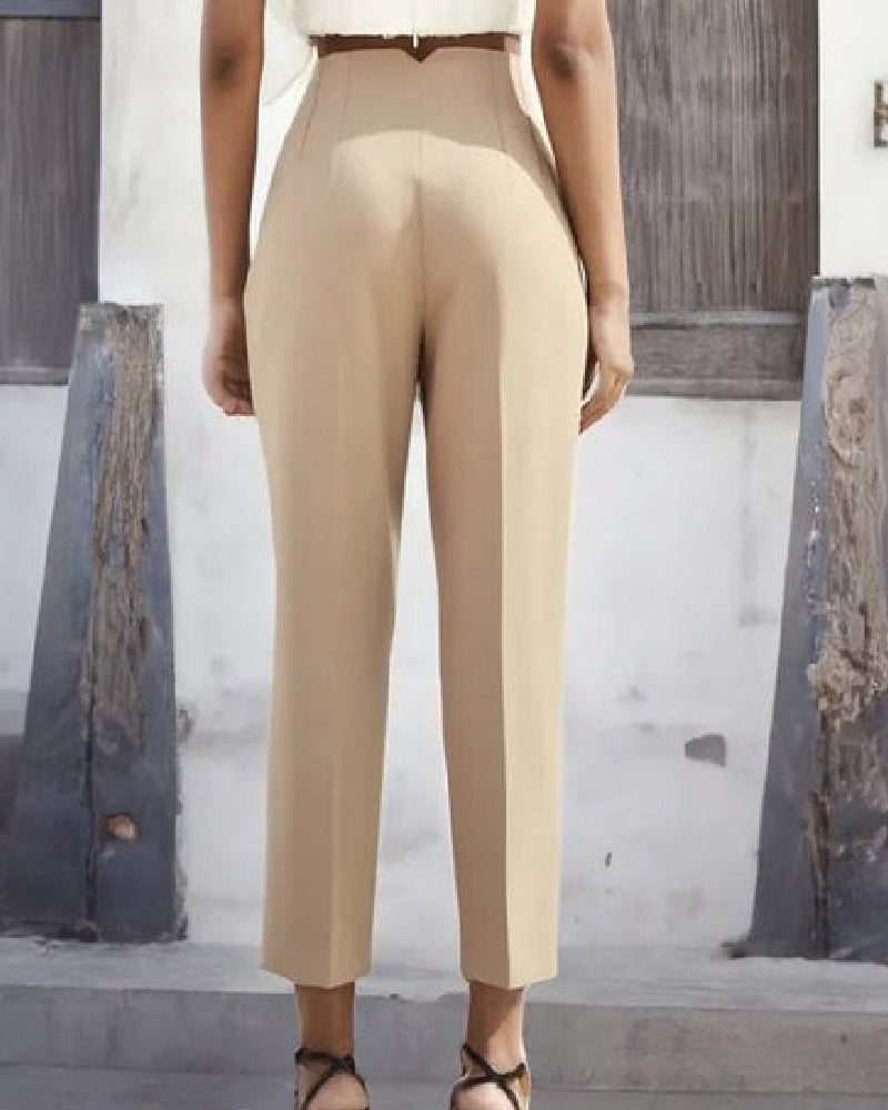 Pantalones de mujer con bolsillo lateral y cintura alta con pliegues entallados