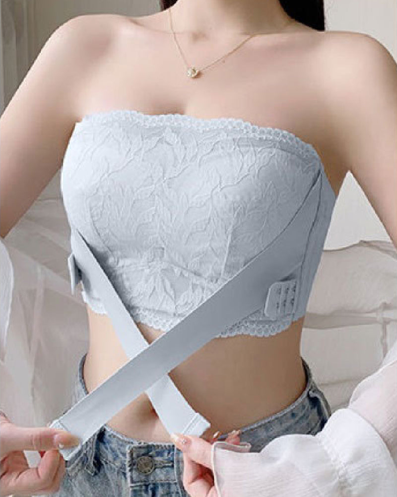 Women's Strapless Lace Tube Top Bra Wireless Front Cross Side Buckles Non-slip Bra