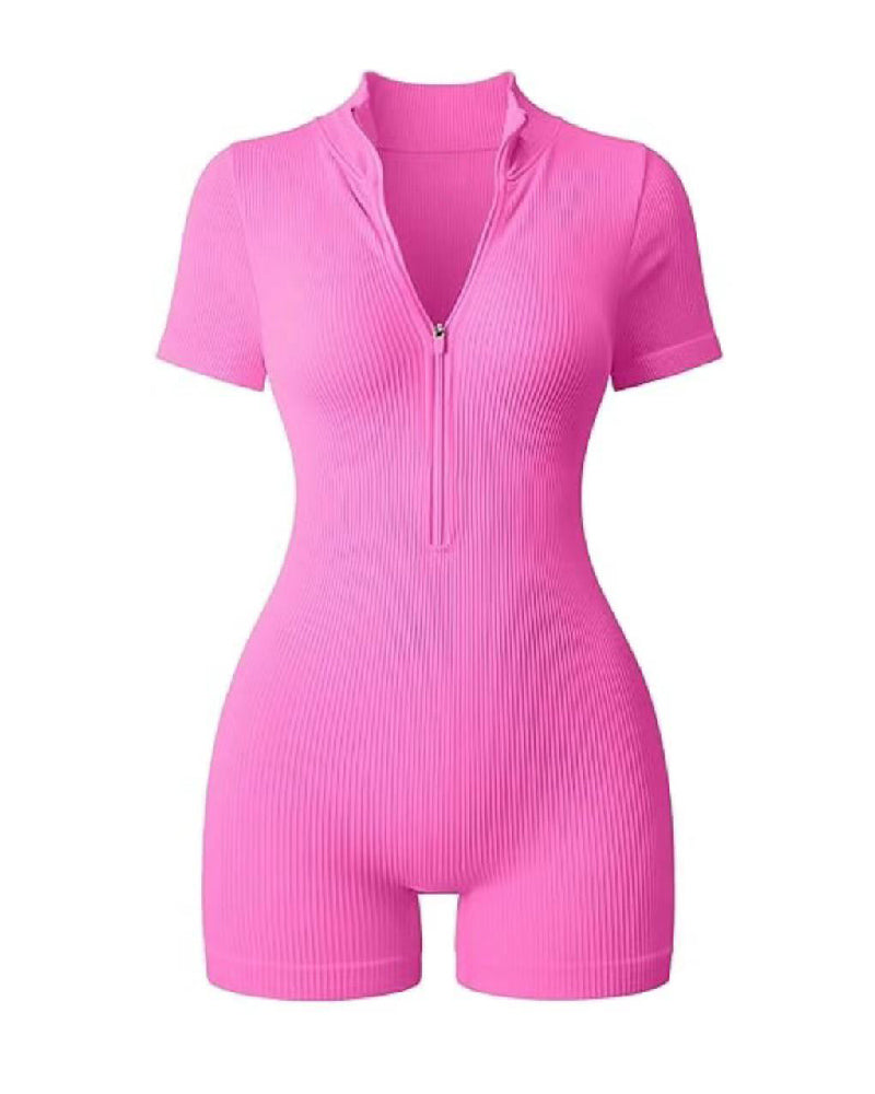 Women's Ribbed Short Sleeve Zip Front Jumpsuit Stretch Tummy Control Yoga Rompers