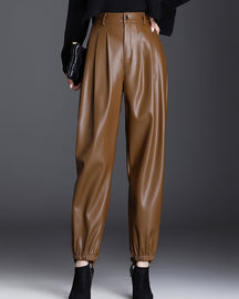 Elastic Waist New Casual Pants Thin Velvet High Waist Slim Carrot Leather Pants