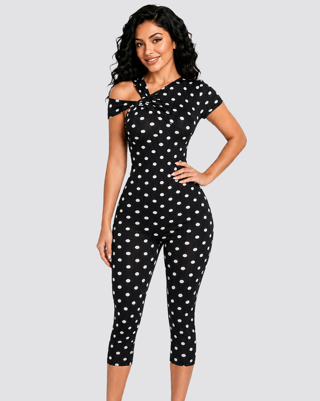 Polka Dot Twist One Shoulder Short Sleeve Capri Jumpsuit