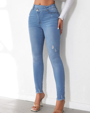 Elastic High Waist Oblique Buttoned Skinny Jeans