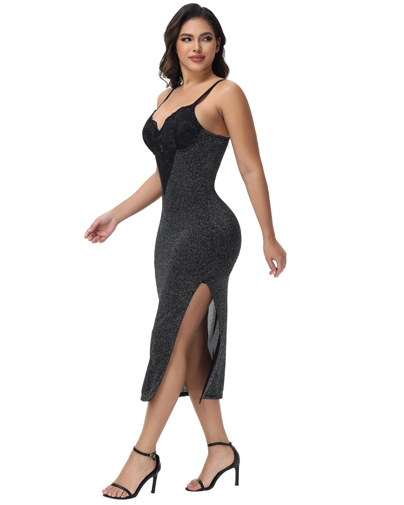 Sexy Lace V Neck Metallic Sparkling Bodycon Slit Cami Midi Slip Dress