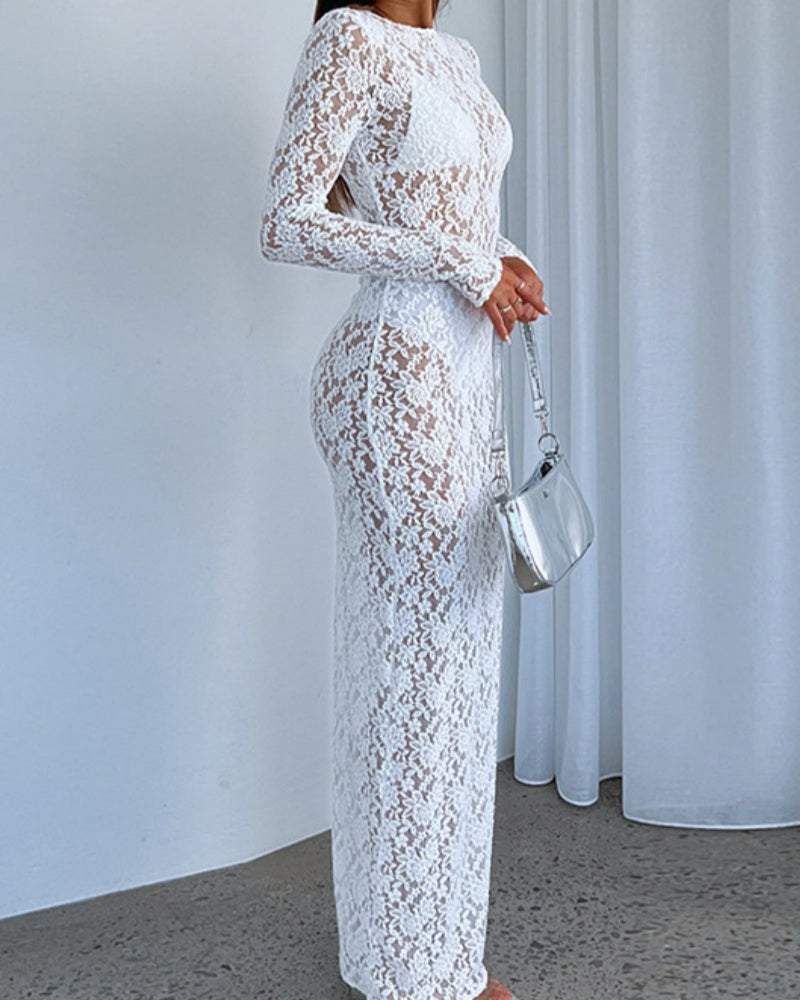 Sexy Lace See-through Long Sleeve Mid-length Dress for Women