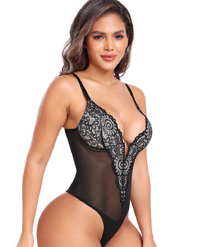 Women's Sexy Transparent Sheer Lace Deep V-Neck Tummy Control Thong Bodysuit