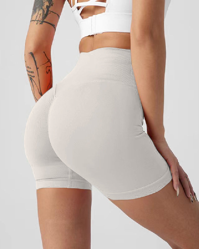 Pantalones cortos de yoga de cintura alta sin costuras para mujer, pantalones cortos de fitness sólidos con levantamiento de glúteos