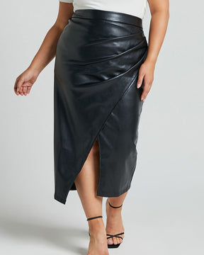 PU Slit Skirt High Waist Zipper Pleated Leather Skirt