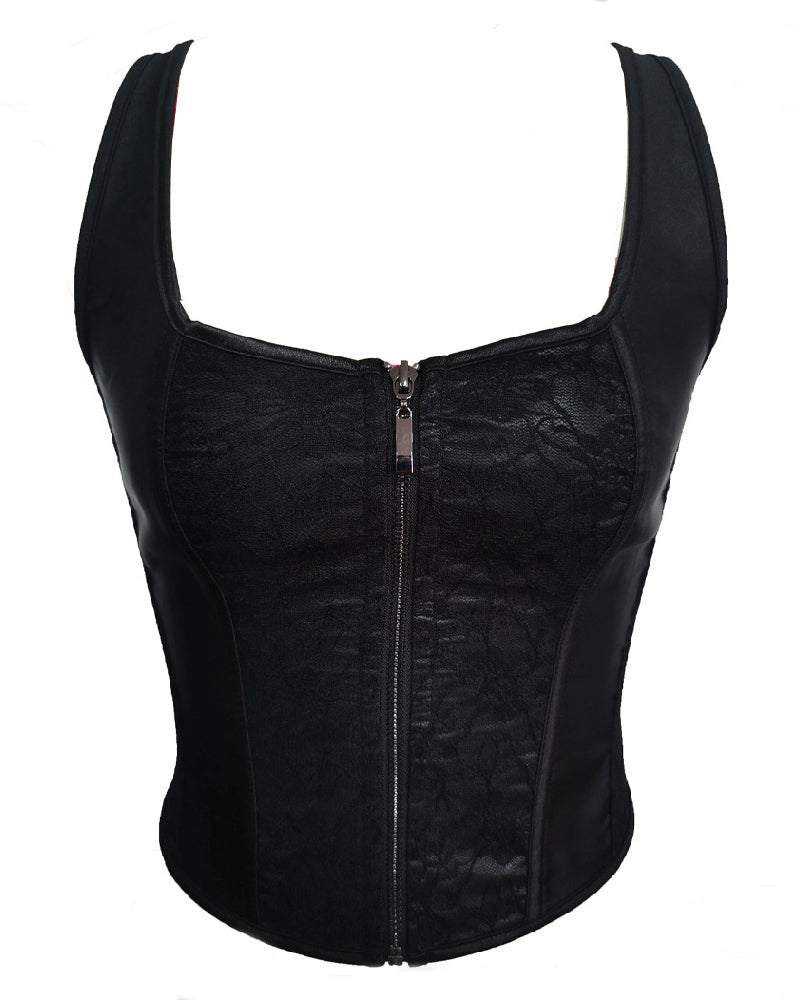 Jacquard Square Neck Zipper Shapewear Top Sleeveless Lace Up Corset Crop Tank Tops