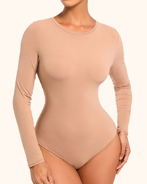 Women's Crew Neck Double Lined Long Sleeve Basic Stretchy Thong Bodysuit